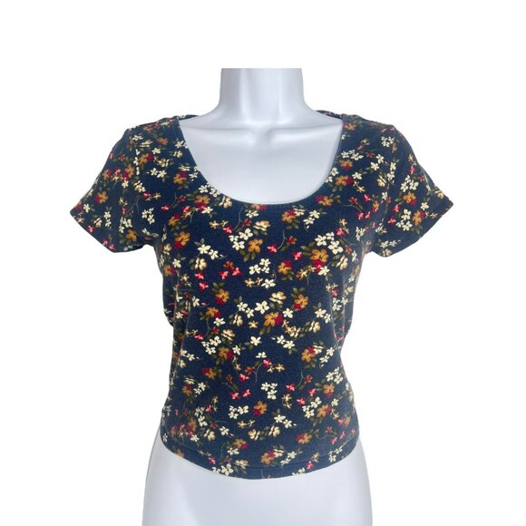Prince and Fox Tops - Prince and Fox Women’s Blue Floral Crop Top Tee Size L